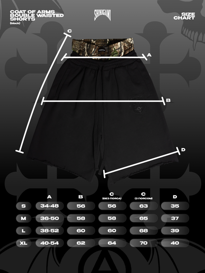 PRE-ORDER COAT OF ARMS DOUBLE WAISTED SHORTS - BLACK