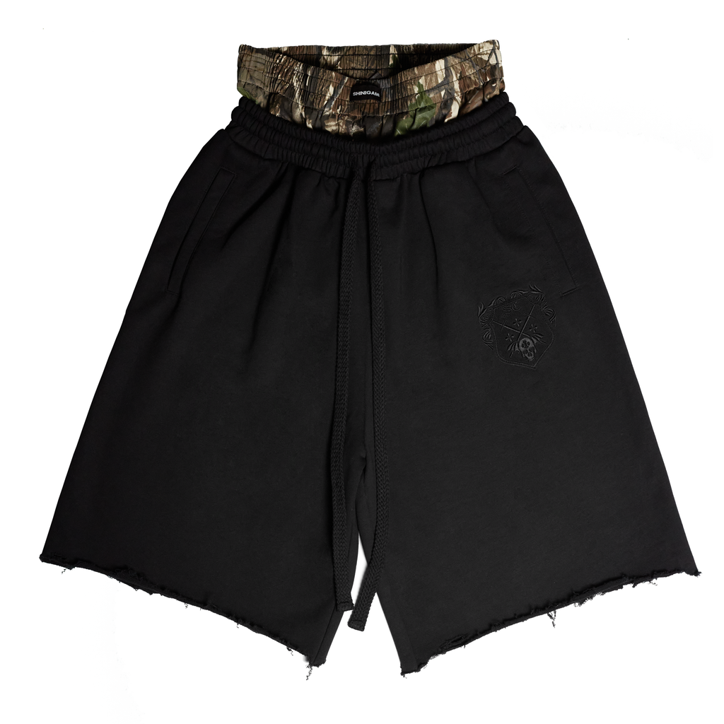PRE-ORDER COAT OF ARMS DOUBLE WAISTED SHORTS - BLACK
