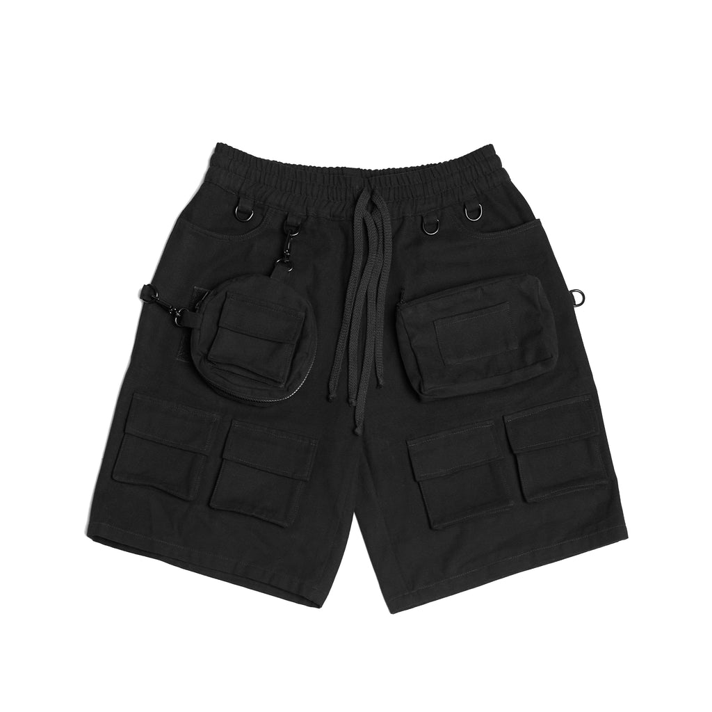 Shinigami Couture black 10oz cotton canvas multipocket baggy cargo shorts front view