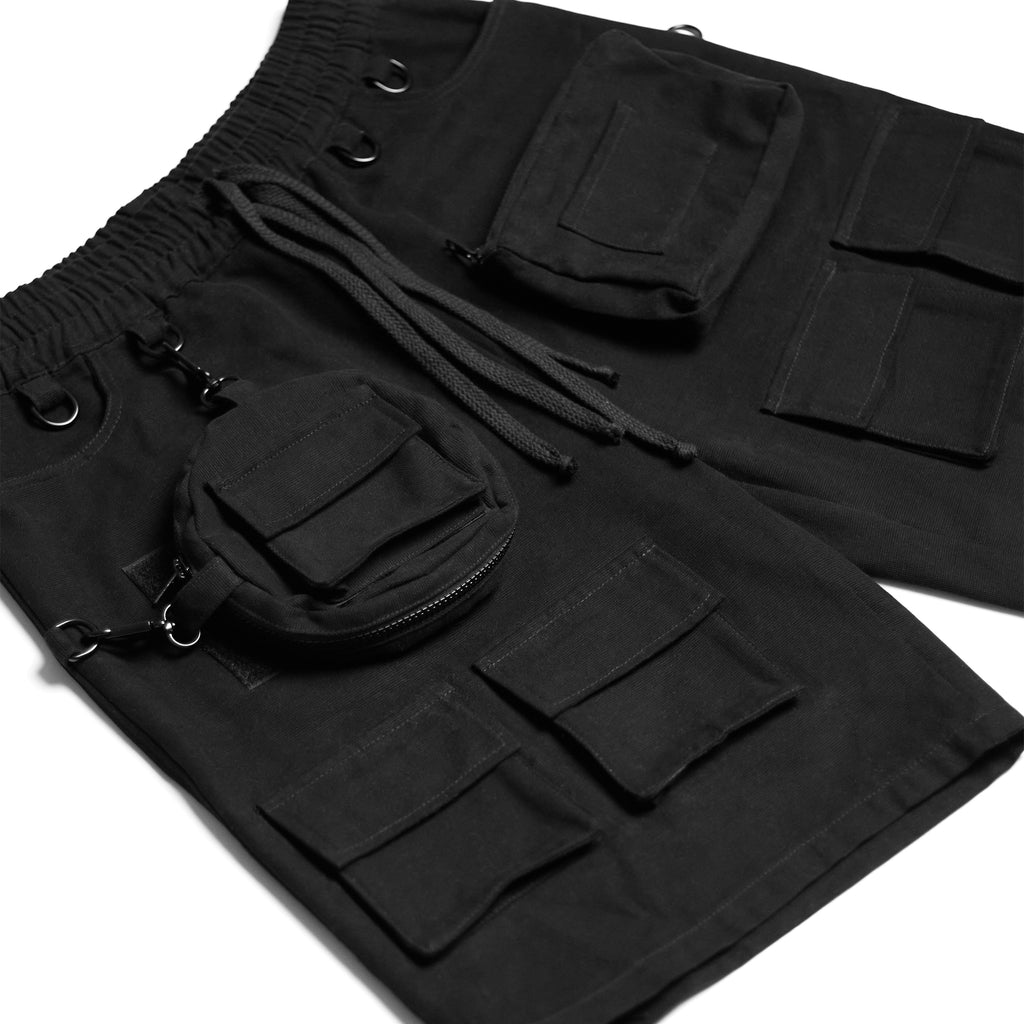 Shinigami Couture black cargo shorts front panel pockets and hardware detail