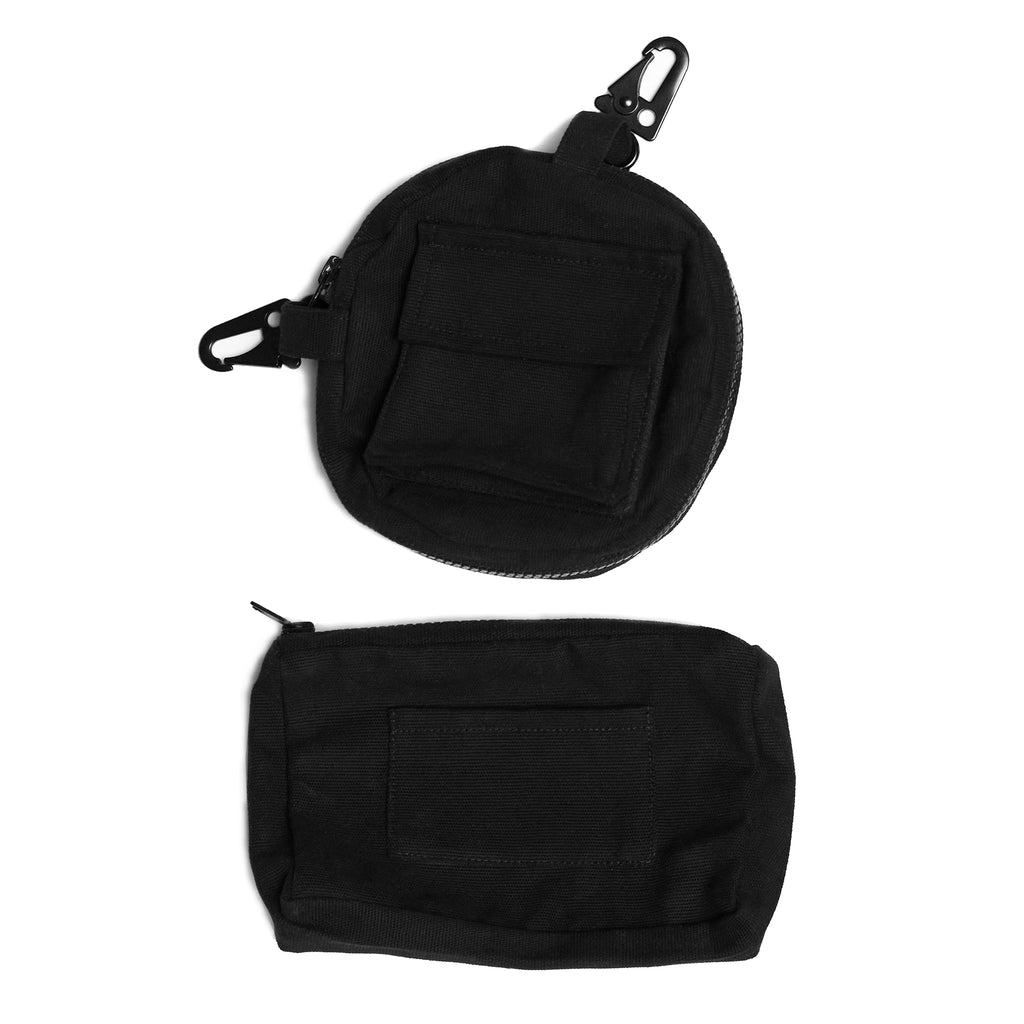 Shinigami Couture cargo shorts close-up of circular pouch and rectangular utility bag